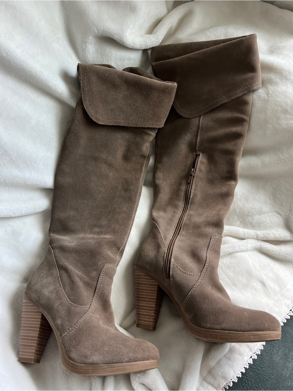 Promod Taupe Suede Over-the-Knee Fold-Top Boots